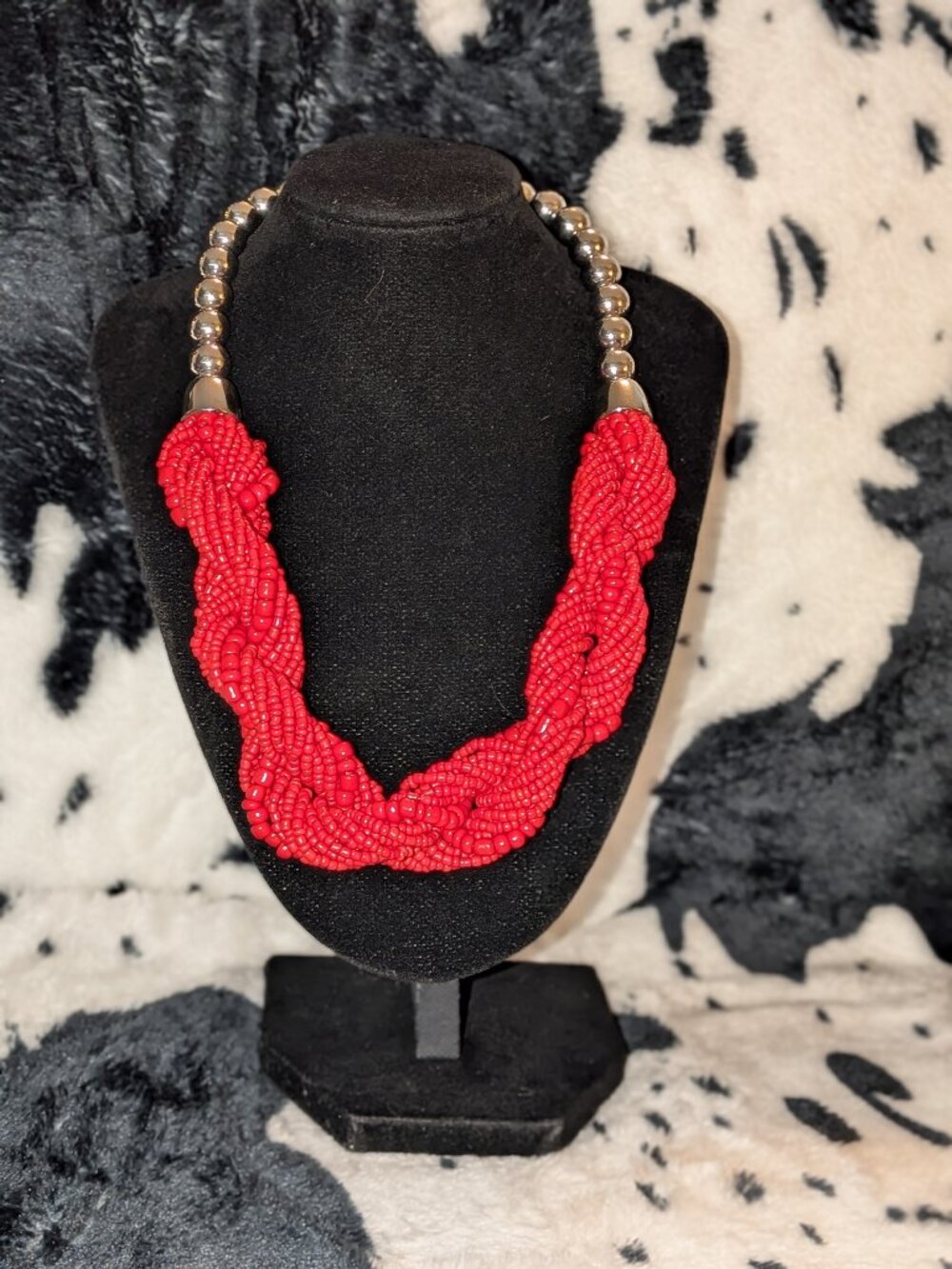 Chunky Red Braided Seed Bead & Silver Ball Statement Collar Necklace